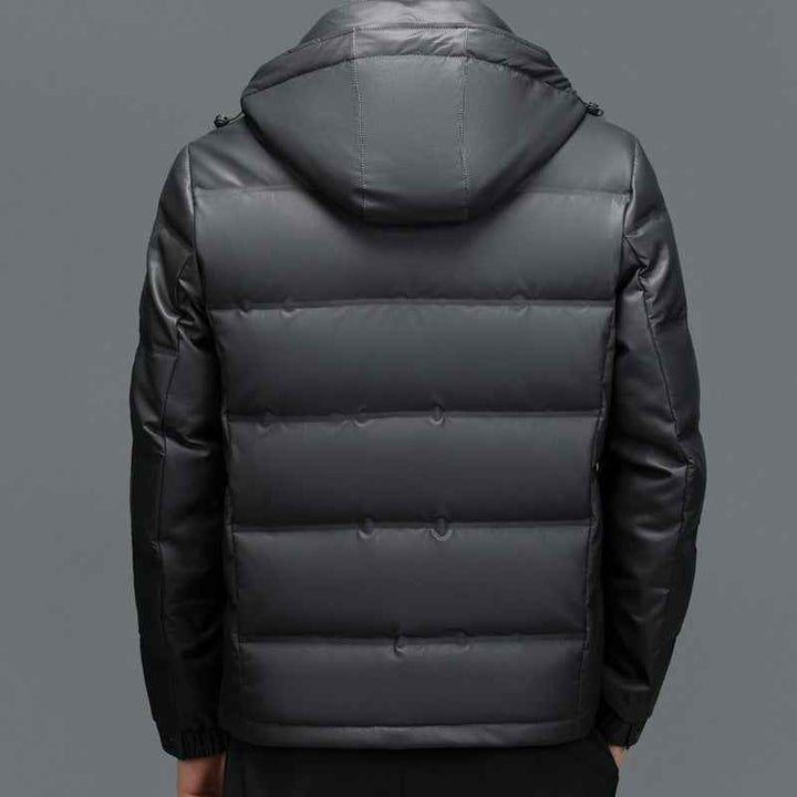 Men's Faux Leather Hooded Puffer Jacket | Quilted Glossy Hip-Length Design