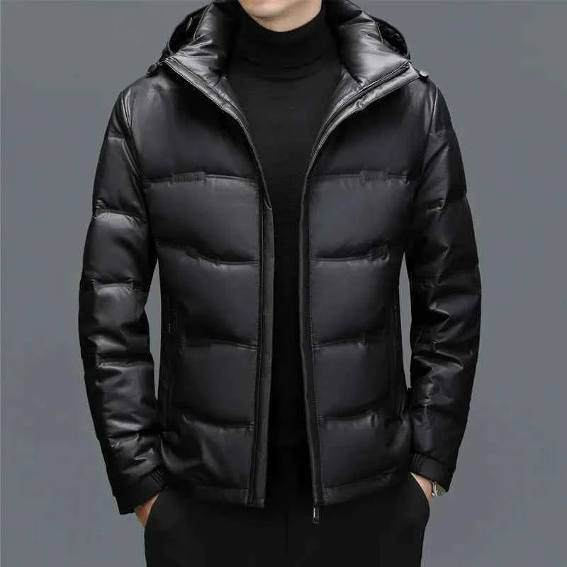 Men's Faux Leather Hooded Puffer Jacket | Quilted Glossy Hip-Length Design Black