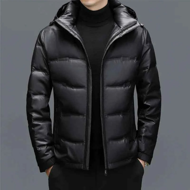 Men's Faux Leather Hooded Puffer Jacket | Quilted Glossy Hip-Length Design Black