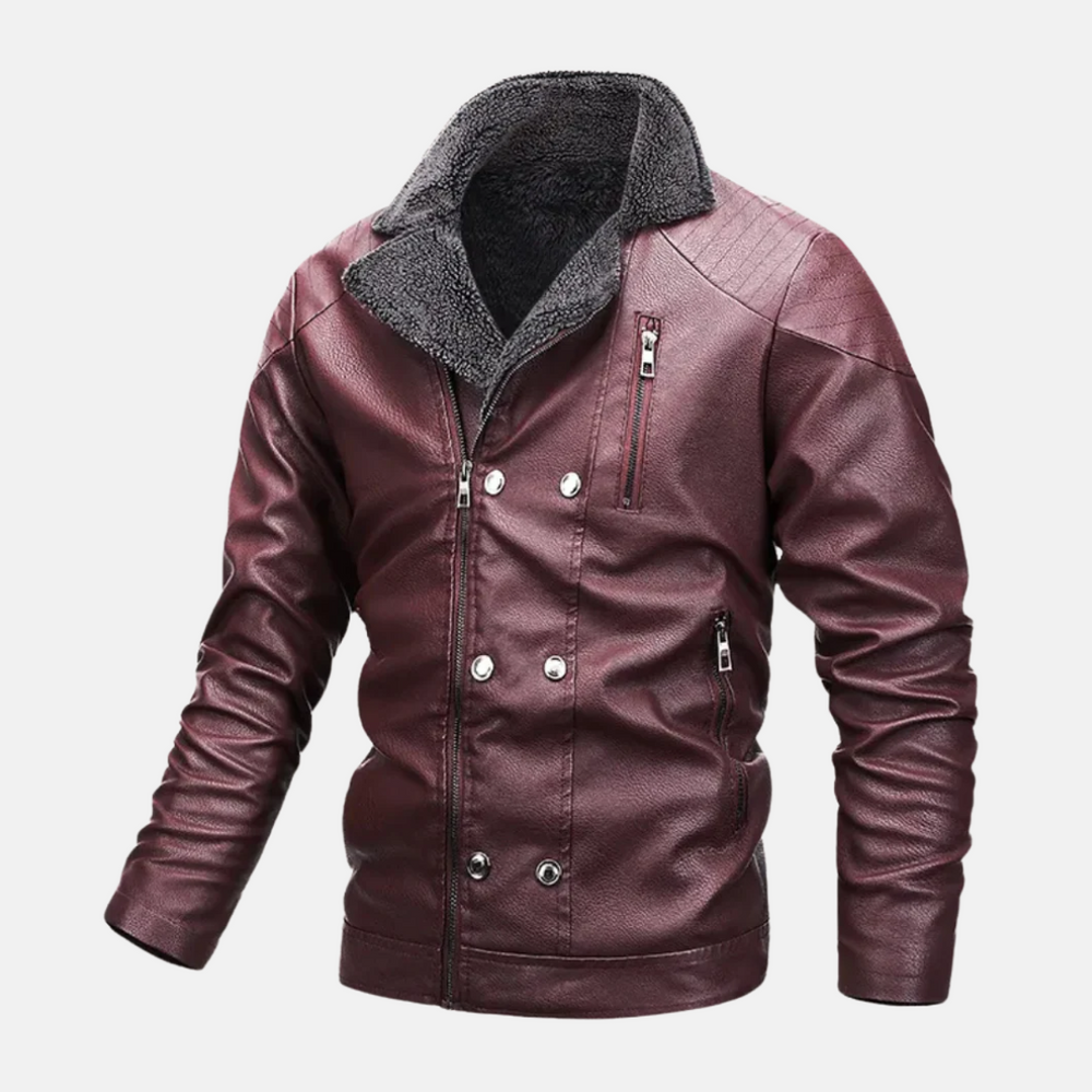 Men's Faux Leather Jacket with Faux-Fur Lining - Regular Fit, Zipper & Button Closure Red