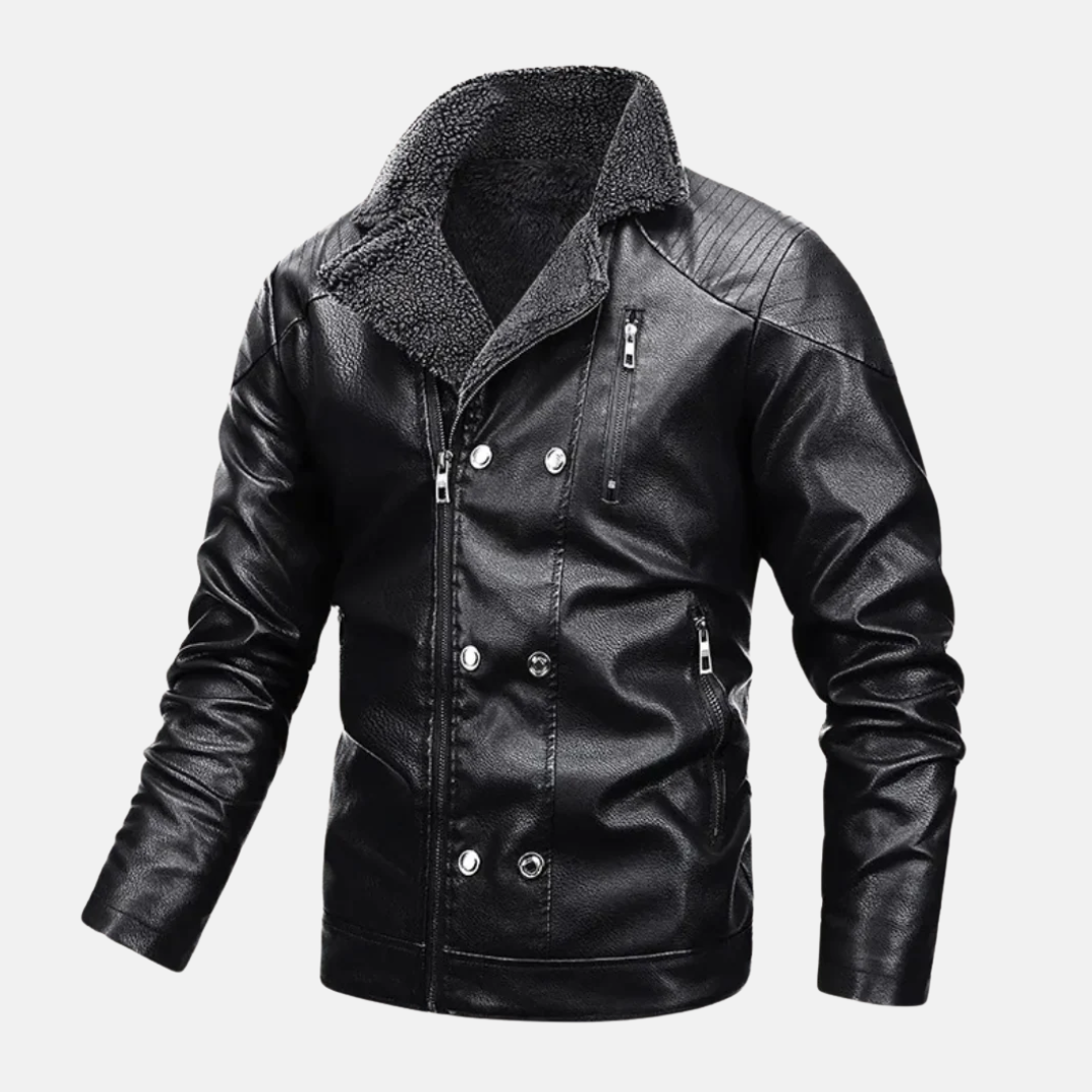 Men's Faux Leather Jacket with Faux-Fur Lining - Regular Fit, Zipper & Button Closure Black