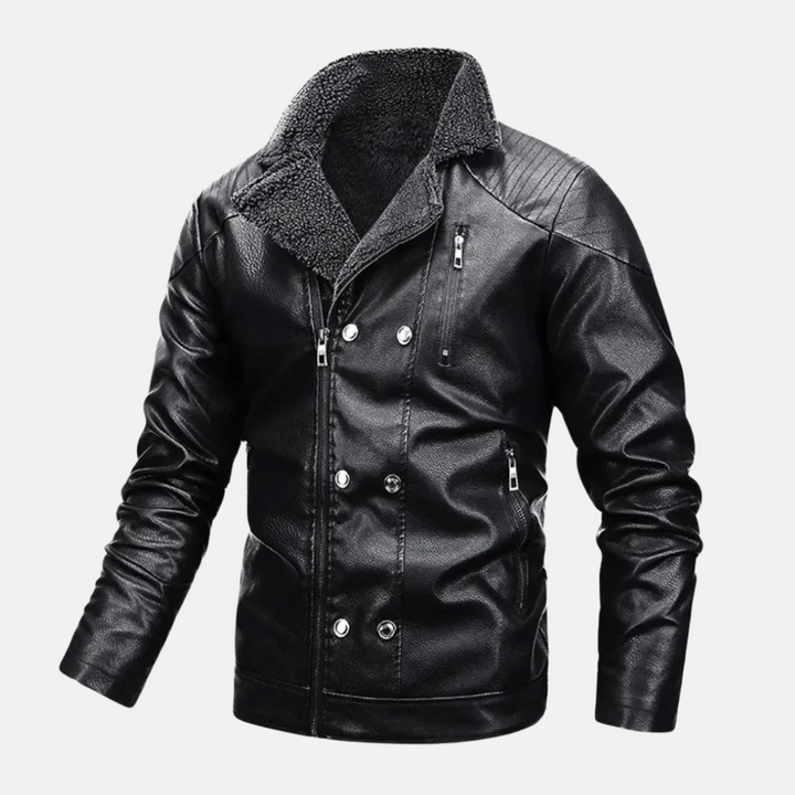 Men's Faux Leather Jacket with Faux-Fur Lining - Regular Fit, Zipper & Button Closure Black