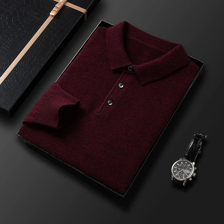 Men's Fine-Knit Long Sleeve Polo Sweater – Regular Fit with Buttoned Collar Dark Red