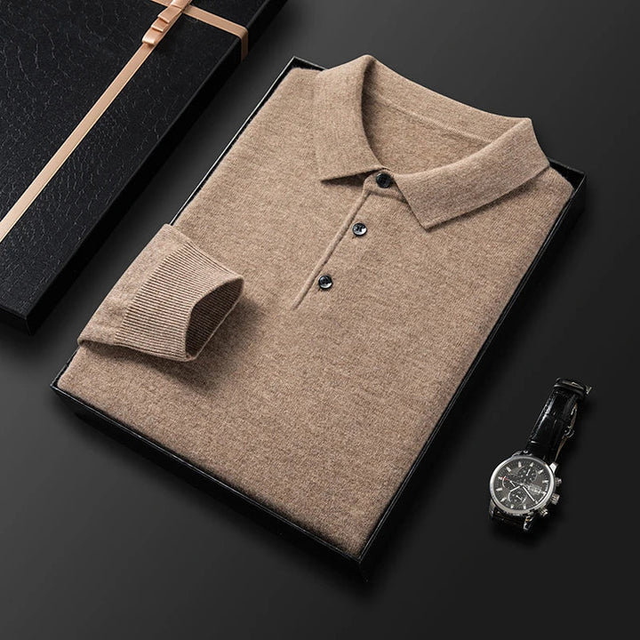 Men's Fine-Knit Long Sleeve Polo Sweater – Regular Fit with Buttoned Collar Khaki