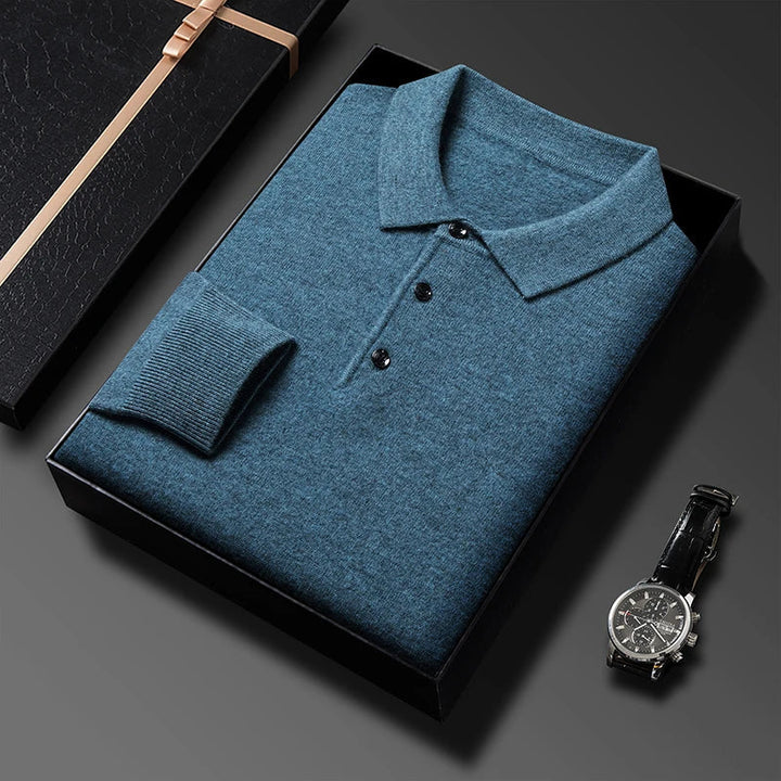 Men's Fine-Knit Long Sleeve Polo Sweater – Regular Fit with Buttoned Collar Light Blue