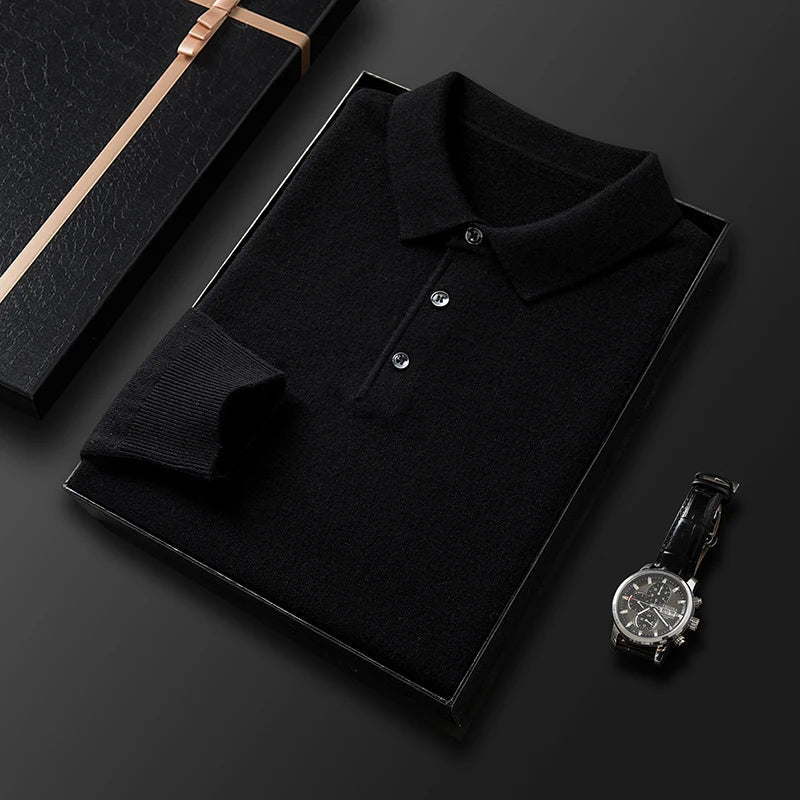 Men's Fine-Knit Long Sleeve Polo Sweater – Regular Fit with Buttoned Collar Black