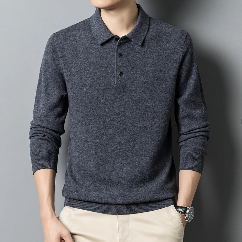 Men's Fine-Knit Long Sleeve Polo Sweater – Regular Fit with Buttoned Collar