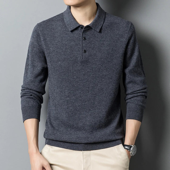 Men's Fine-Knit Long Sleeve Polo Sweater – Regular Fit with Buttoned Collar