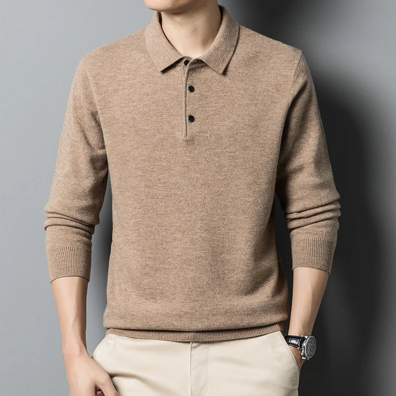 Men's Fine-Knit Long Sleeve Polo Sweater – Regular Fit with Buttoned Collar