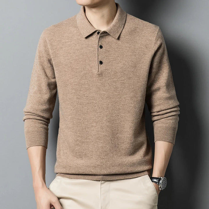Men's Fine-Knit Long Sleeve Polo Sweater – Regular Fit with Buttoned Collar
