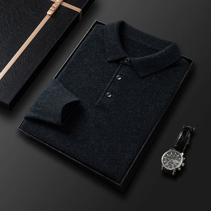 Men's Fine-Knit Long Sleeve Polo Sweater – Regular Fit with Buttoned Collar Dark Grey