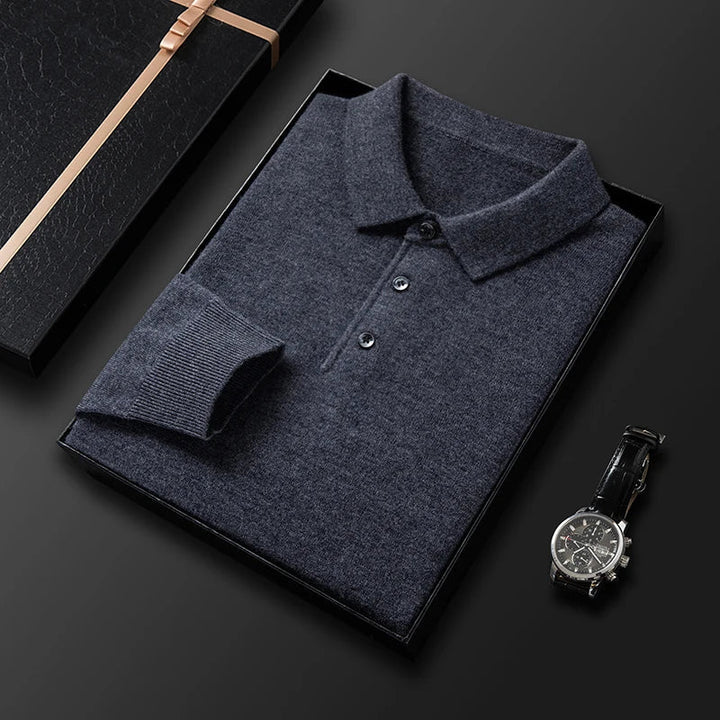 Men's Fine-Knit Long Sleeve Polo Sweater – Regular Fit with Buttoned Collar Grey