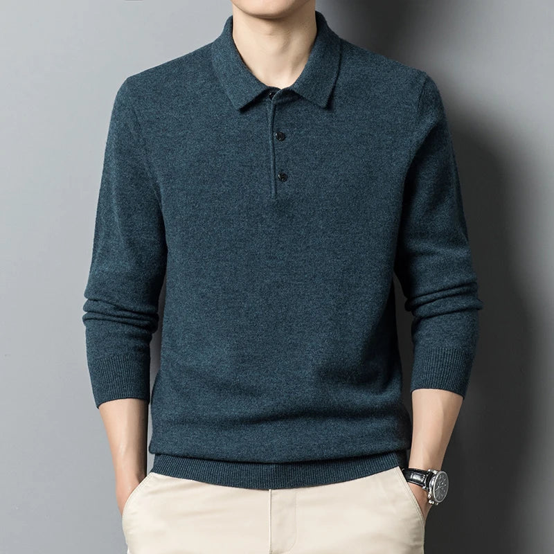 Men's Fine-Knit Long Sleeve Polo Sweater – Regular Fit with Buttoned Collar Dark Blue