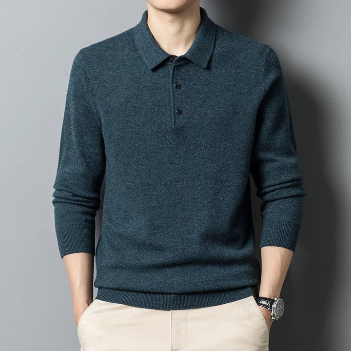 Men's Fine-Knit Long Sleeve Polo Sweater – Regular Fit with Buttoned Collar Dark Blue
