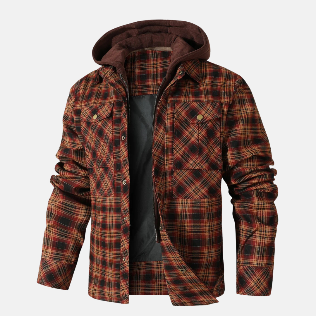 Men's Flannel Hooded Jacket Orange Brown
