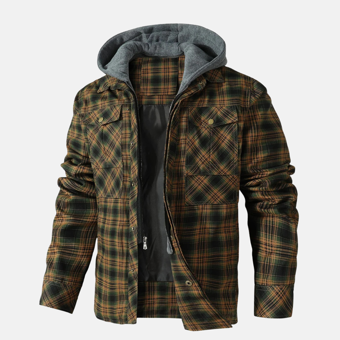 Men's Flannel Hooded Jacket Green Brown