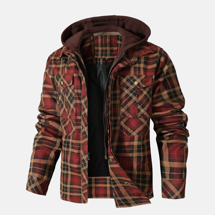 Men's Flannel Hooded Jacket Red Brown