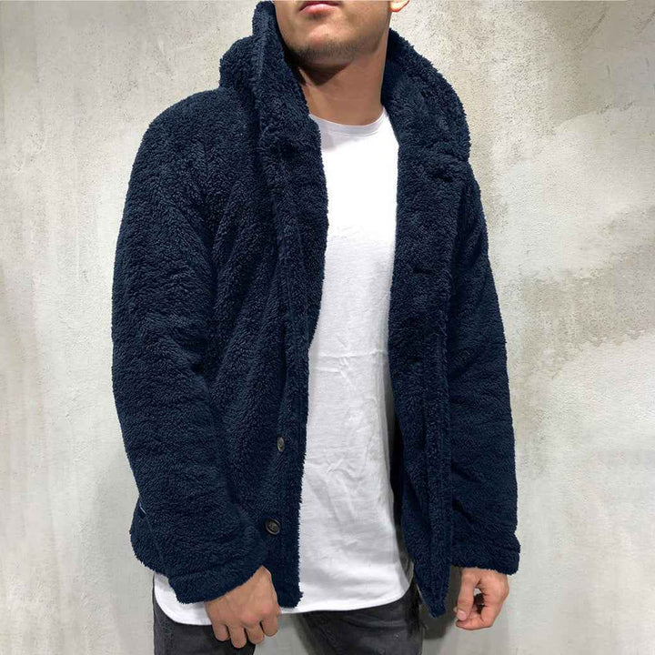 Men's Fleece Hoodie Jacket – Relaxed Fit – Casual Hip-Length with Buttons Navy