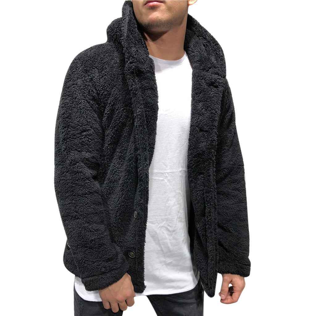 Men's Fleece Hoodie Jacket – Relaxed Fit – Casual Hip-Length with Buttons Black