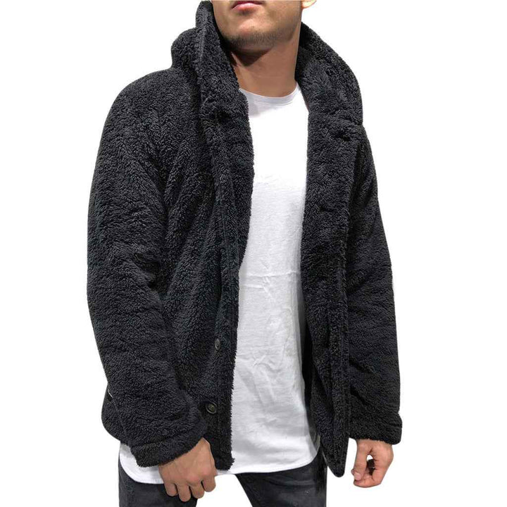 Men's Fleece Hoodie Jacket – Relaxed Fit – Casual Hip-Length with Buttons Black