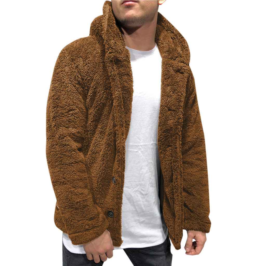 Men's Fleece Hoodie Jacket – Relaxed Fit – Casual Hip-Length with Buttons Brown