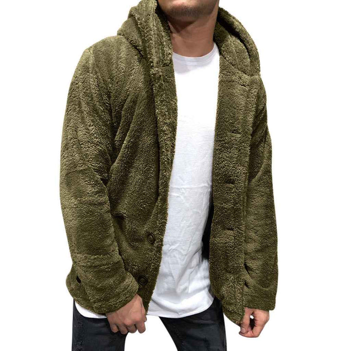 Men's Fleece Hoodie Jacket – Relaxed Fit – Casual Hip-Length with Buttons Army Green