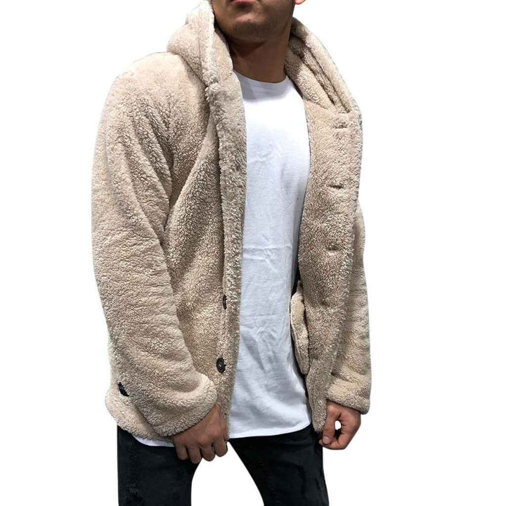 Men's Fleece Hoodie Jacket – Relaxed Fit – Casual Hip-Length with Buttons Apricot