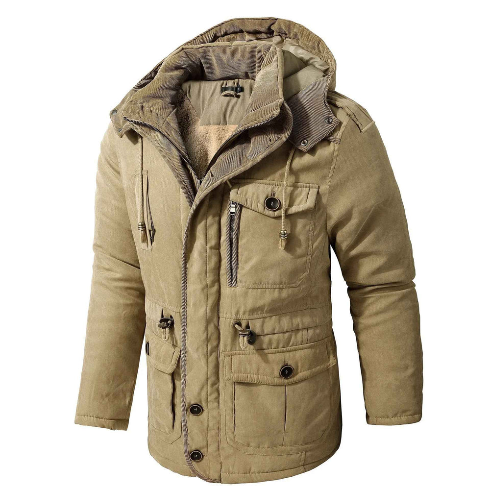 Men's Fleece-Lined Hooded Parka – Thick Mid-Length Winter Coat with Multiple Pockets
