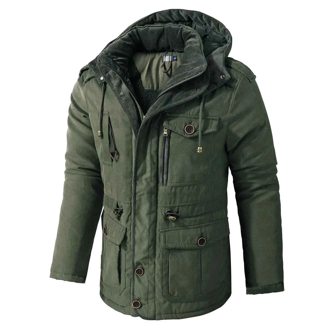 Men's Fleece-Lined Hooded Parka – Thick Mid-Length Winter Coat with Multiple Pockets
