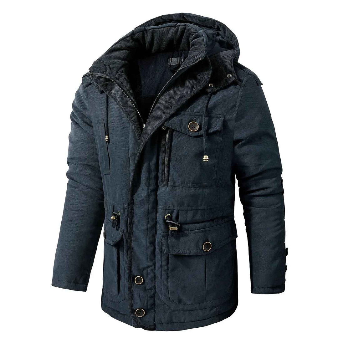 Men's Fleece-Lined Hooded Parka – Thick Mid-Length Winter Coat with Multiple Pockets