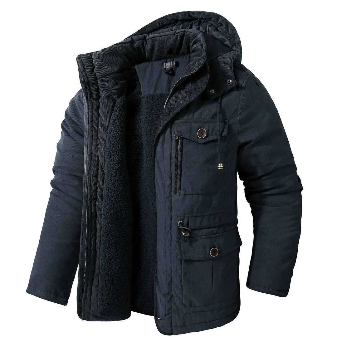 Men's Fleece-Lined Hooded Parka – Thick Mid-Length Winter Coat with Multiple Pockets Blue