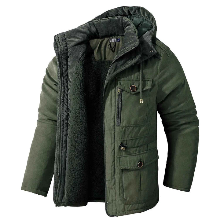 Men's Fleece-Lined Hooded Parka – Thick Mid-Length Winter Coat with Multiple Pockets Green