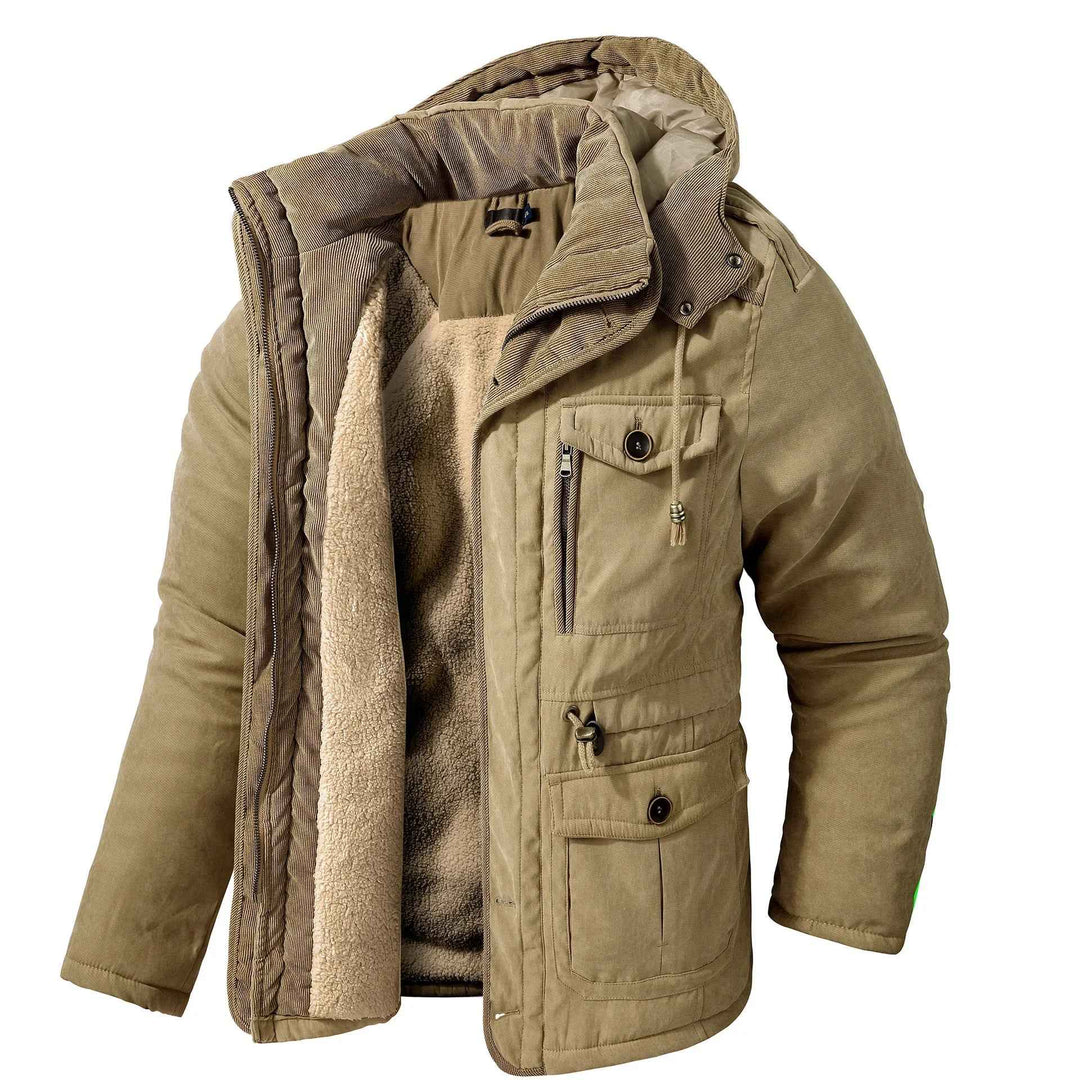 Men's Fleece-Lined Hooded Parka – Thick Mid-Length Winter Coat with Multiple Pockets Khaki