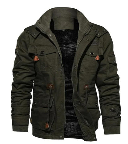 Men's Fleece Lined Jacket Regular Fit High Collar Multiple Pockets Green
