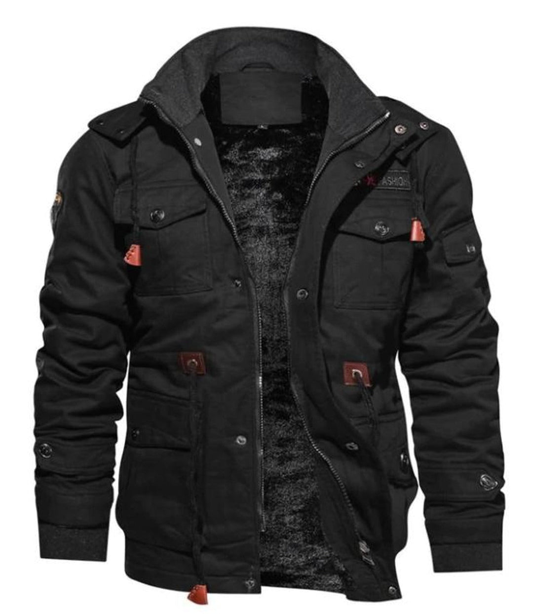 Men's Fleece Lined Jacket – Regular Fit – High Collar – Multiple Pockets Black
