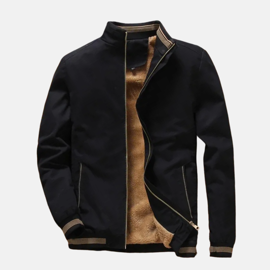 Men's Fleece Lined Bomber Ribbed Cuffs Zipper Solid Dark Blue Jacket Black