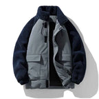 Men's Polyester Zip-front Stand Collar Jacket Winter Essential Navy Blue & Gray