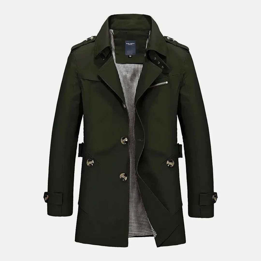 Men's Flip Collar Trench Coat Dark Green