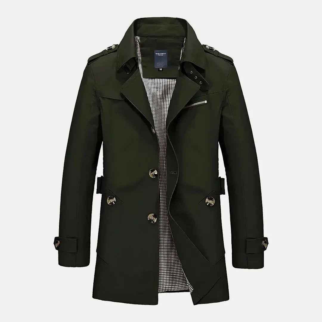 Men's Flip Collar Trench Coat Dark Green