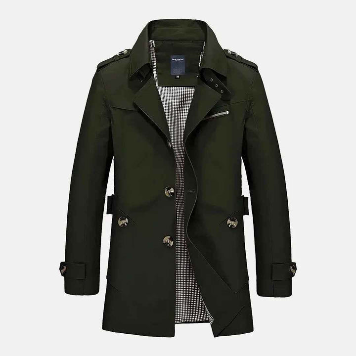 Men's Flip Collar Trench Coat Dark Green
