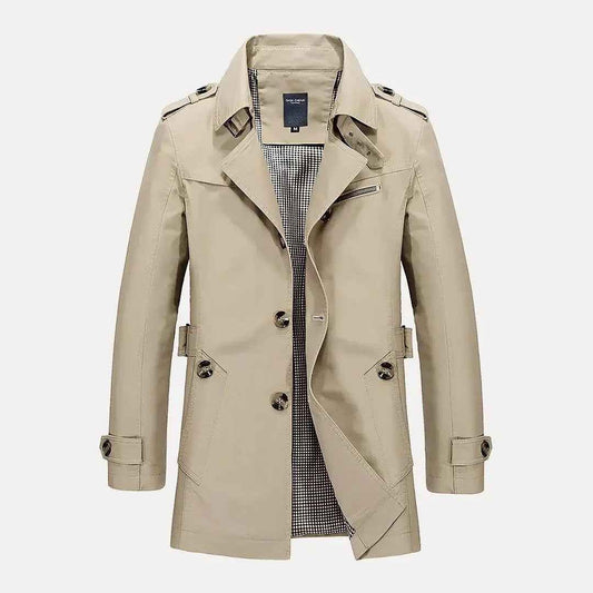 Men's Lightweight Flip Collar Button Front Spring Trench Coat Light Khaki