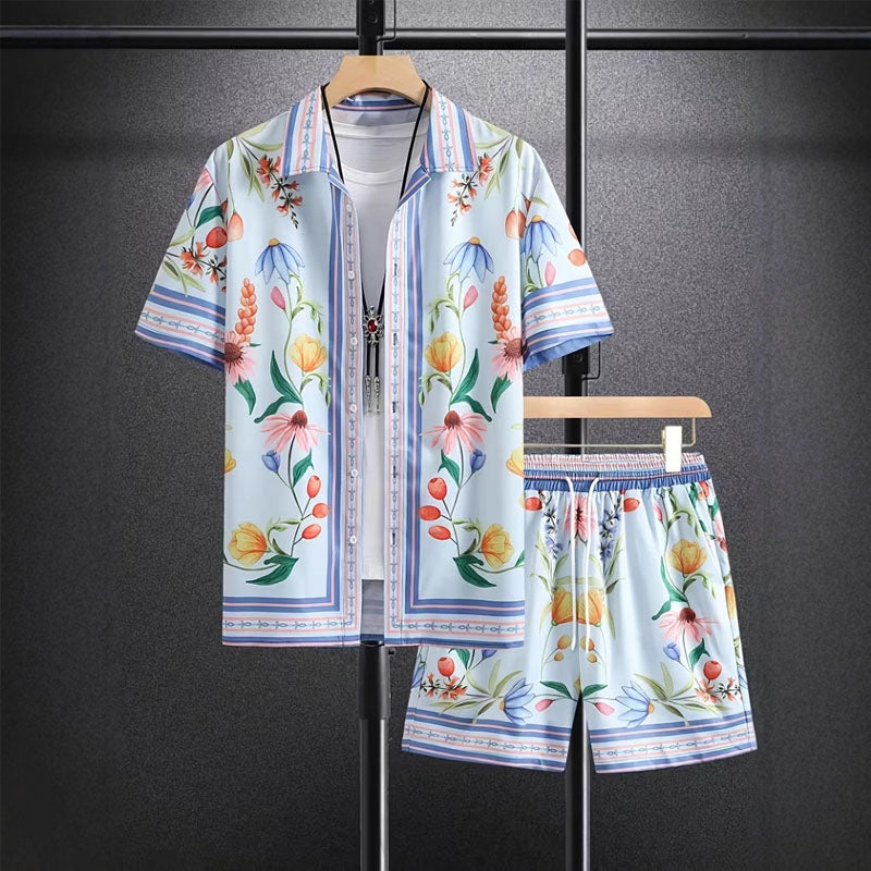 Men's Floral Print Shirt and Shorts Set Blue