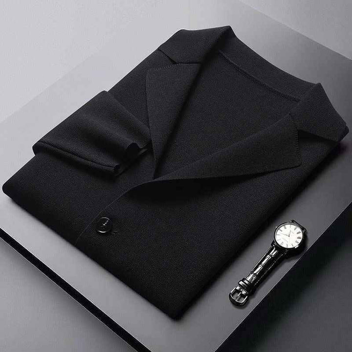 Men's Fold-Over Collar Cotton Cardigan Black