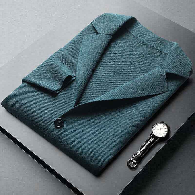 Men's Fold-Over Collar Cotton Cardigan Blue