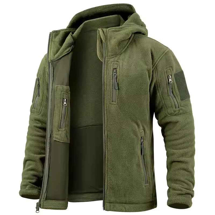 Men's Full Zip Fleece Jacket – Relaxed Fit with Hood and Outdoor Pockets Green