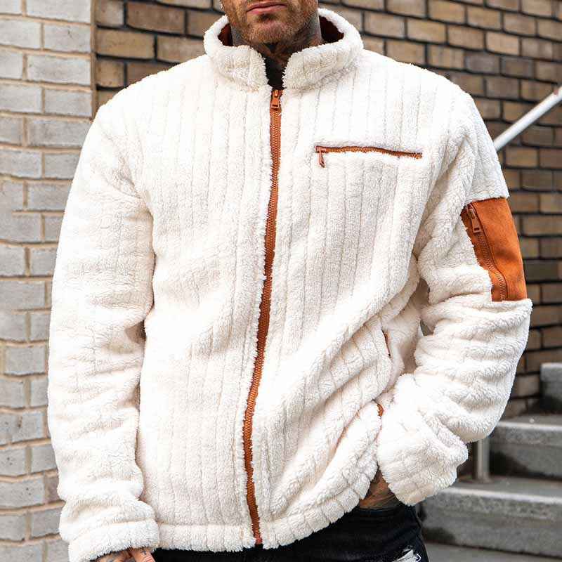 Men's Full Zip Fleece Jacket – Relaxed Fit with Ribbed Texture and Utility Pockets White