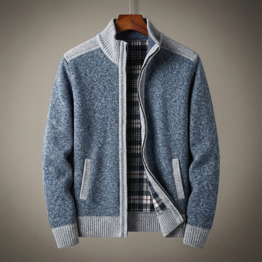 Men's Blue Full Zip Knit Stand Collar Ribbed Cuff Pocket Jacket Blue