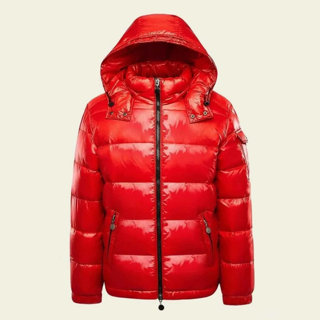 Men's Glossy Hooded Puffer Jacket Red