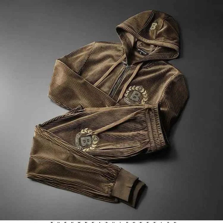 Men’s Gold Velvet Tracksuit – Hooded Zip Jacket & Joggers