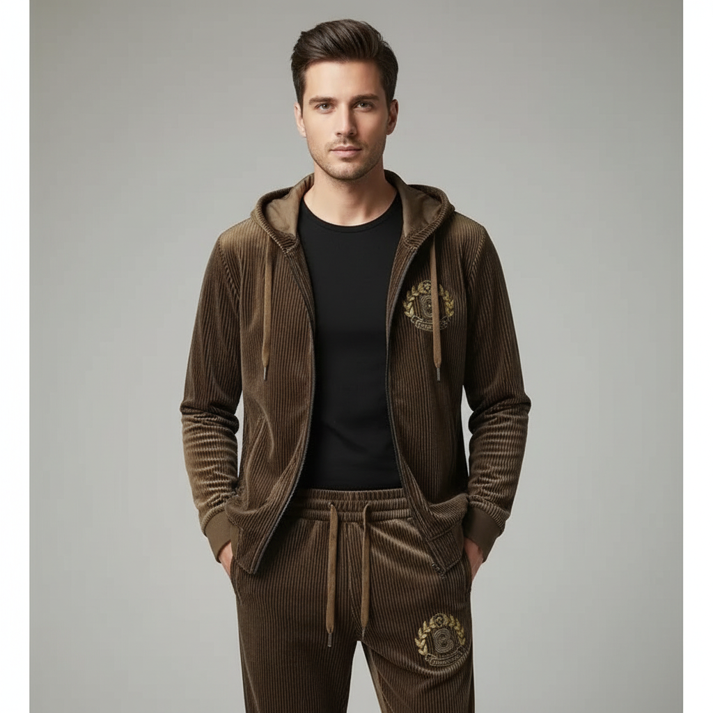 Men’s Gold Velvet Tracksuit – Hooded Zip Jacket & Joggers Coffee suit